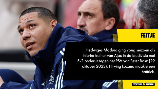 Hedwiges Maduro ging vorig seizoen als interim-trainer van Ajax in de Eredivisie met 5-2 onderuit tegen het PSV van Peter Bosz (29 oktober 2023). 