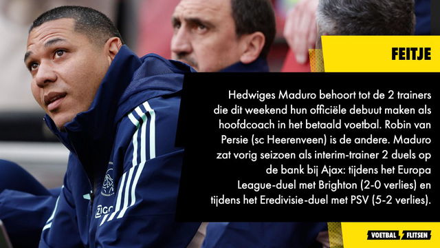 Hedwiges Maduro maakt bij almere city fc debuut als hoofdcoach. bij ajax was hij even interim coach