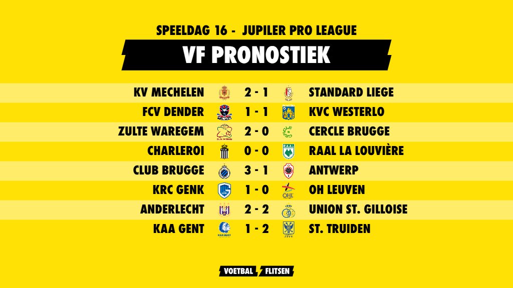 Voetbalflitsen pronostiek: Speeldag 16 in de Jupiler Pro League